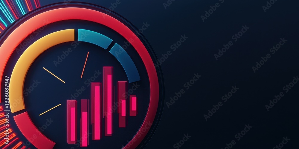 Poster A colorful, abstract graphic featuring a circular gauge and vertical bars, representing data analysis and performance metrics against a dark background.