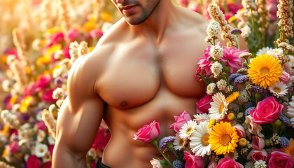muscular man with flower pile