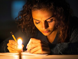 Obraz premium A woman writing in her diary under candlelight, reflective and emotional