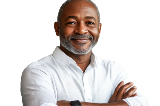 Smiling man with grey beard wearing white shirt