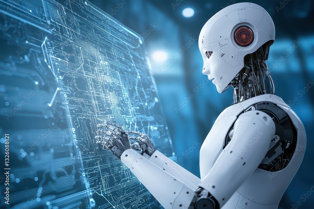 Poster humanoid robot interacting with digital data interface in 3d rendered space