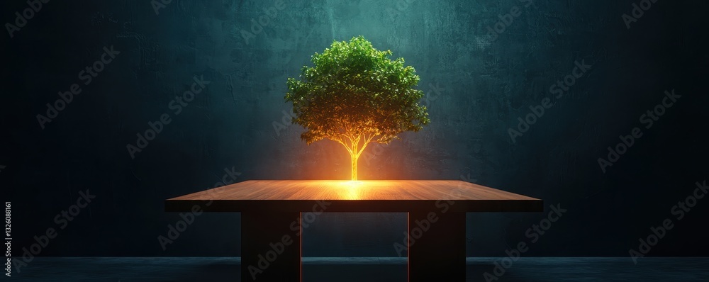 Poster a vibrant tree, glowing from below, stands on a table against a dark backdrop, symbolizing life and 