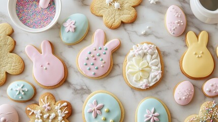 Easter cookie decorating with colorful icing and sprinkles for holiday celebration