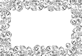 Blueberry blackberry, hand drawn in ink vector, group of scattered ripe forest berry with drops, blue and sketch. Border frame isolated illustration, for restaurant, cafe menu, wedding, farmers market