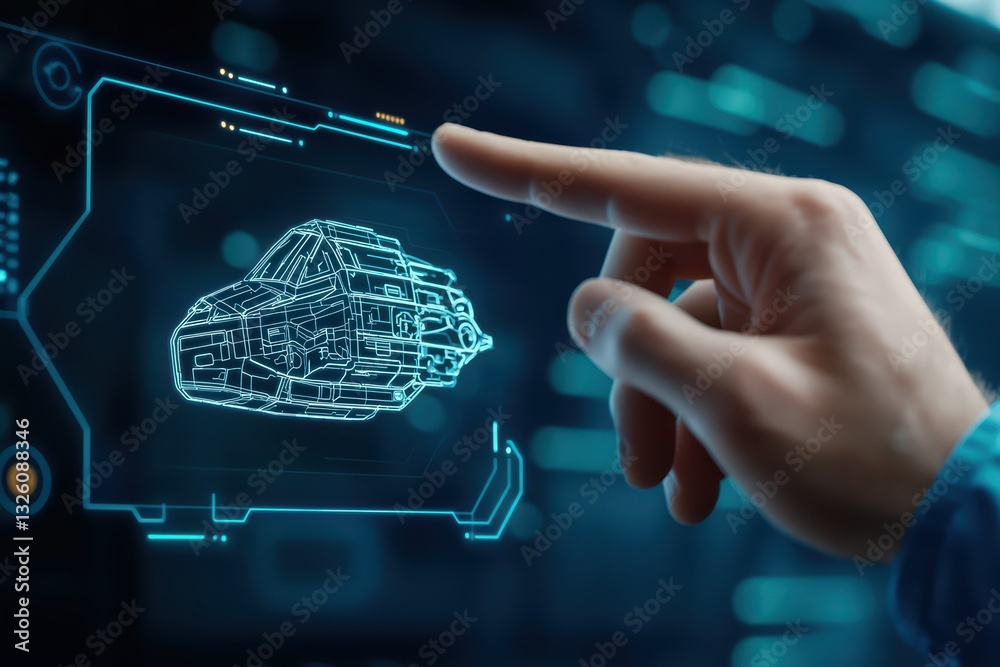 Poster holographic ai-driven factory concept with interactive blueprints and touch interface technology