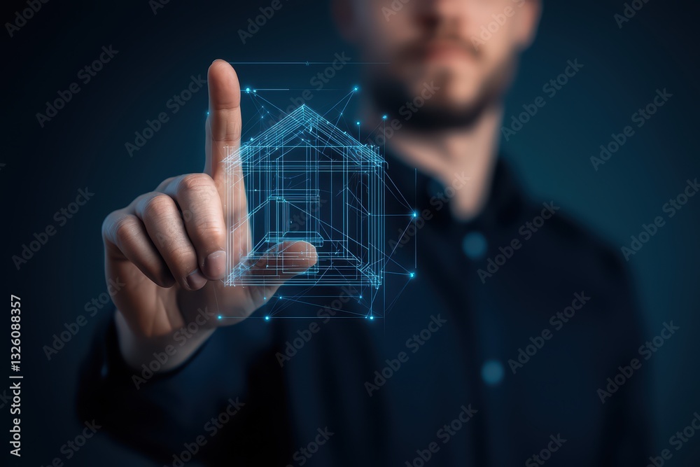 Poster ai-driven factory concept with holographic blueprint visualization and user interaction