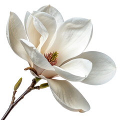 A delicate magnolia flower with soft white petals and a central cluster of yellow and brown stamens. © Alohanongza