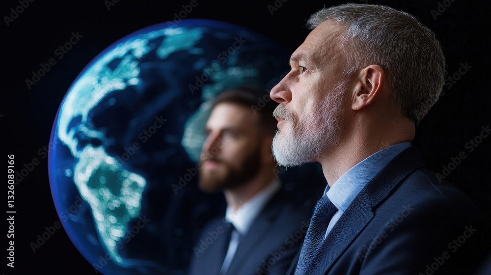 Poster two men in suits stand thoughtfully against a backdrop of earth, symbolizing global perspective and 