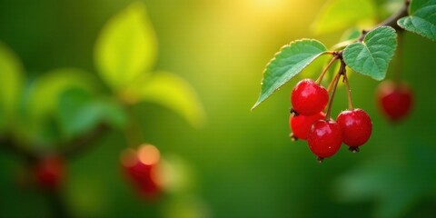 Obraz premium Sunlit Red Berries on Lush Green Foliage, a Vibrant Natural Scene of Summer Fruit