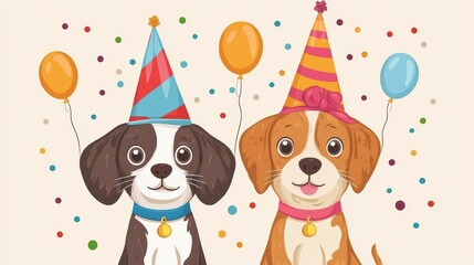 Naklejka premium Cheerful Cartoon Pets in Party Hats Surrounded by Colorful Balloons and Confetti