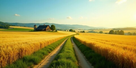 Obraz premium Serene Rural Landscape Golden Wheat Field, Winding Dirt Road, and Farmhouse at Sunset