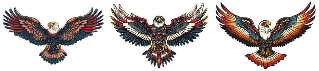 Set of a traditional American tattoo-style eagle with spread wings, isolated on a transparent background.