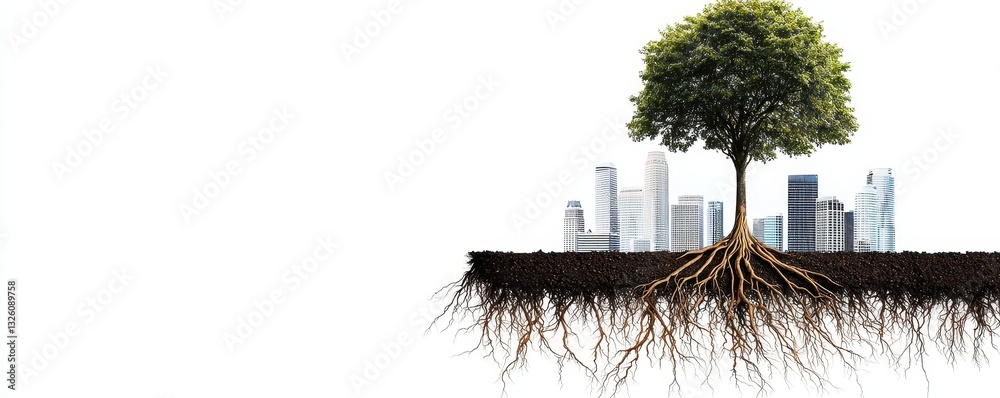 Poster a tree with visible roots stands against a city skyline, symbolizing nature's connection to urban li