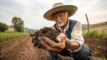 Fototapeta premium Elderly man holding rich soil in rural farmland landscape