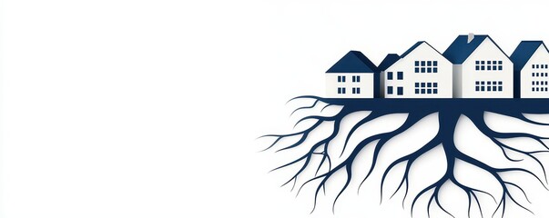 A stylized illustration showing houses with roots, symbolizing a connection to the ground or community.