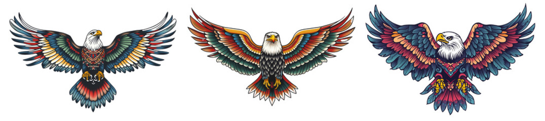 Set of a traditional American tattoo-style eagle with spread wings, isolated on a transparent background.