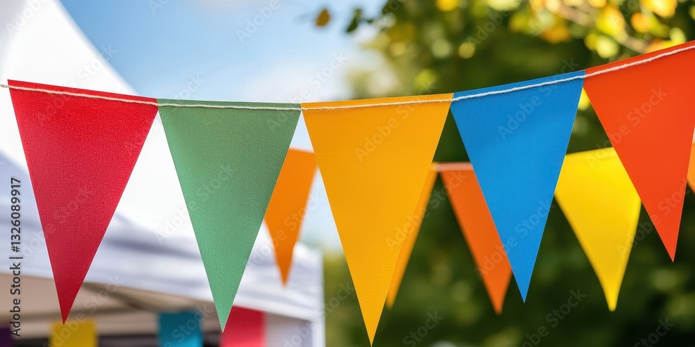 Aufkleber Colorful triangular flags hang in a festive atmosphere, adding vibrancy to an outdoor setting under a clear blue sky.