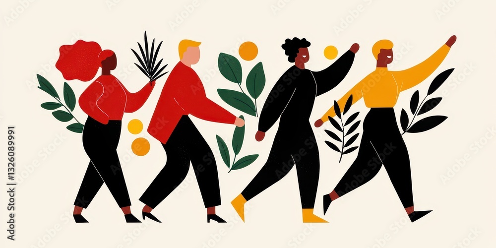 Poster a vibrant illustration featuring four diverse individuals walking together, surrounded by greenery a