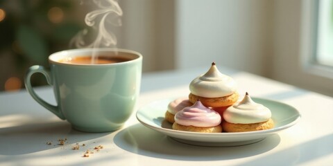 Fototapeta premium Aromatic Coffee and Delicate Sweet Treats on a Sunny Morning
