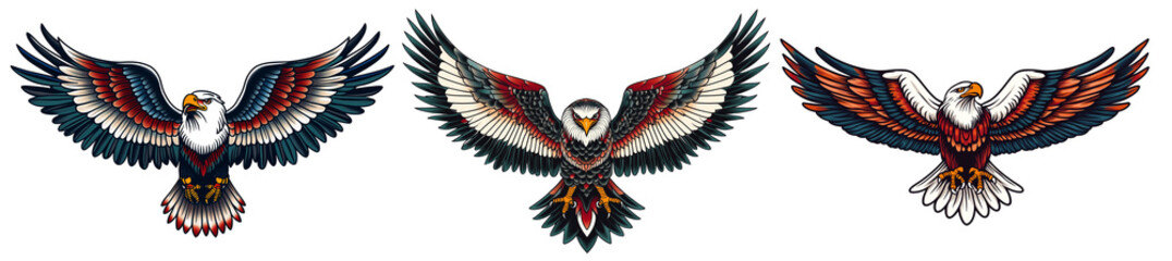 Obraz premium Set of a traditional American tattoo-style eagle with spread wings, isolated on a transparent background.