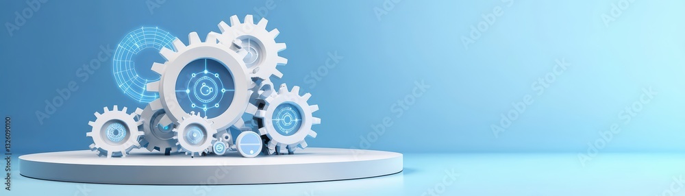 Poster conceptual 3d representation of cyber-physical systems with gears and digital interfaces