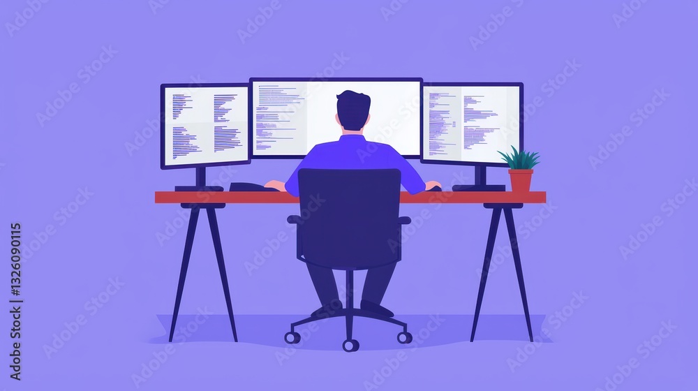 Poster professional analyzing cybersecurity concepts with multiple monitors in a modern workspace