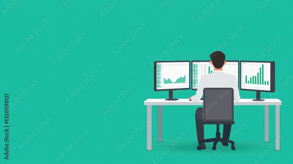 Poster professional analyzing cybersecurity data on multiple monitors in modern office environment