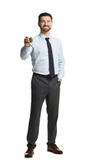 Obraz premium Cheerful salesman with car key on white background