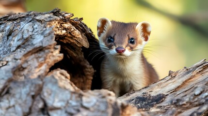 Baby Weasel Portrait in Tree Hole