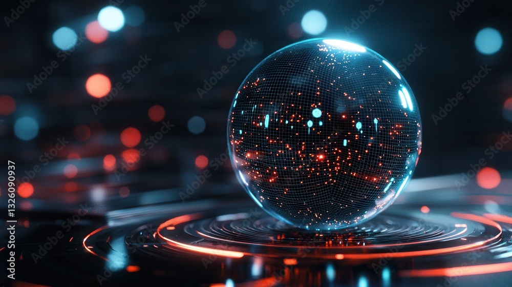 Poster a luminous wireframe sphere composed of a pulsing grid of glowing digital elements set against a dar