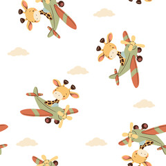Seamless vector pattern in a simple childish style. Cute giraffe flying on airplane among clouds on white background . Vector illustration © Alena