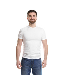 Fototapeta premium Man wearing blank t-shirt on white background. Mockup for design