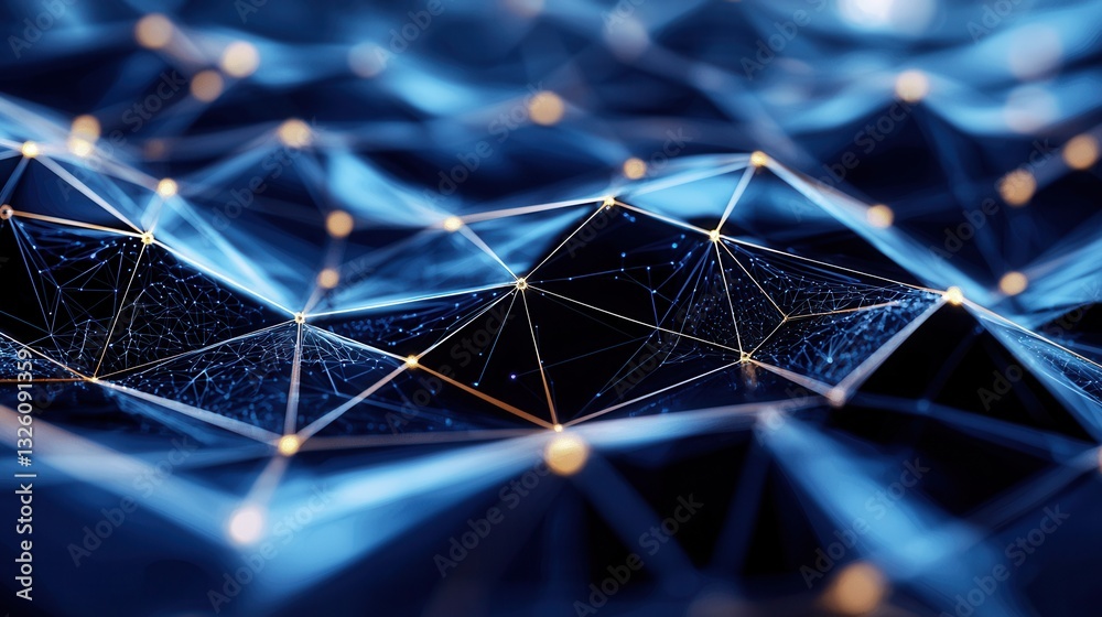 Poster an abstract geometric design featuring a complex interconnected network of dark blue lines and point