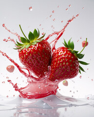Ripe strawberries bursting with strawberry juice splash on clean white background for dynamic and fresh food photography Stock Photo Image Fruits Presentation