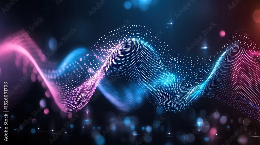 Poster vibrant and dynamic abstract digital background featuring glowing neon lines fluid waves and a spect