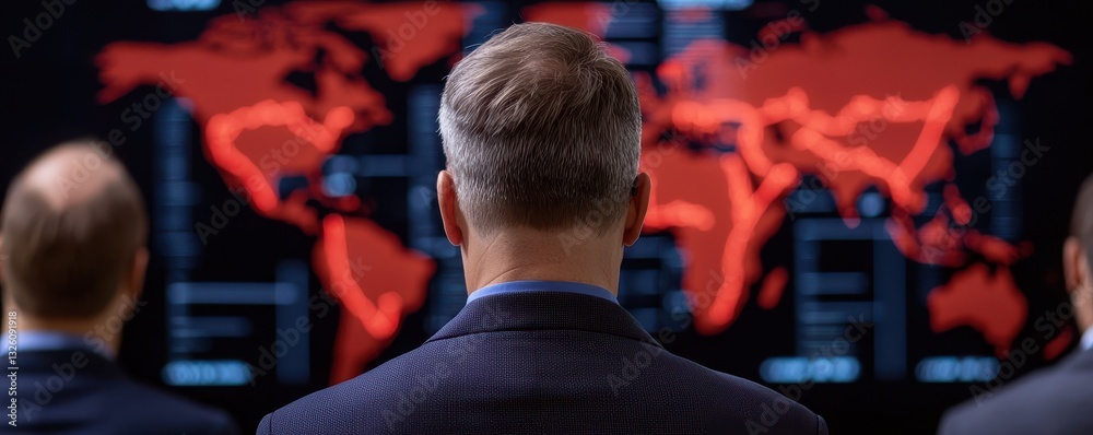 Poster A group of individuals observes a digital world map displaying data, highlighted in red, indicating a focus on global issues or analytics.