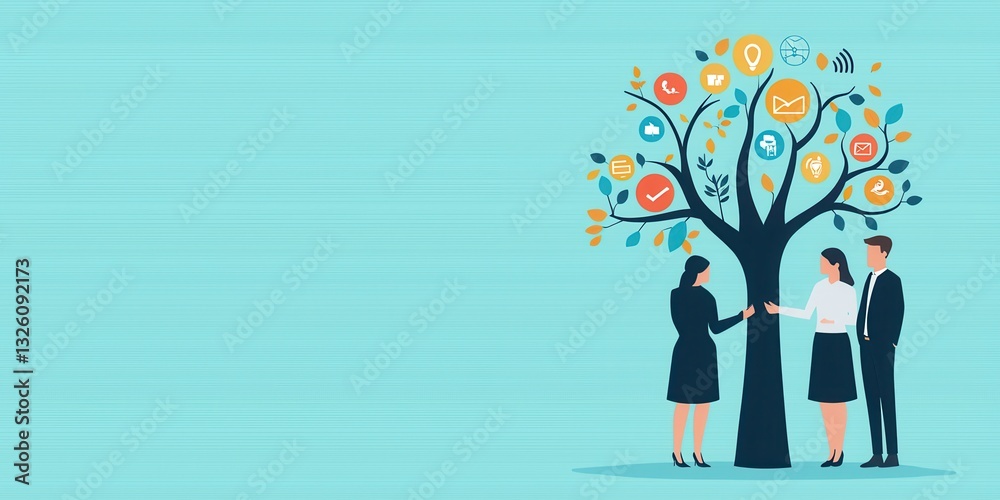 Aufkleber A stylized illustration of two people interacting near a tree adorned with colorful icons representing various concepts and ideas.