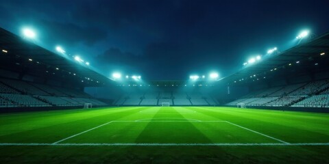 Nighttime stadium, illuminated field, empty seats, anticipation before a major sporting event