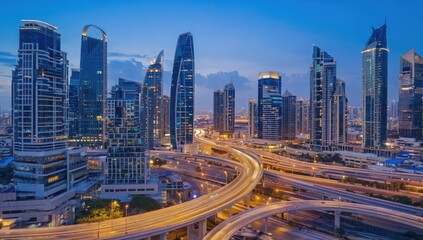 Fototapeta premium Tall buildings shine against the evening sky in Dubai, showcasing modern architecture. Busy highways curve around the city, highlighting urban activity as night approaches