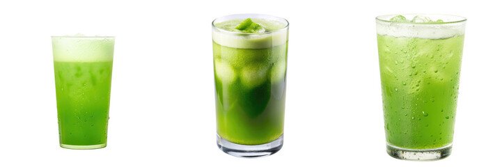 Three glasses of refreshing green drinks, showcasing different sizes and levels of frothiness.