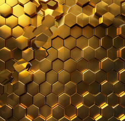 A visually striking honeycomb pattern in metallic gold, creating a futuristic and luxurious texture.