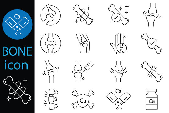 Bones icons vector set. Human Bones icon set. Bones outline icons vector collection. broken bone, hand bone, spinal cord vector illustration. 
