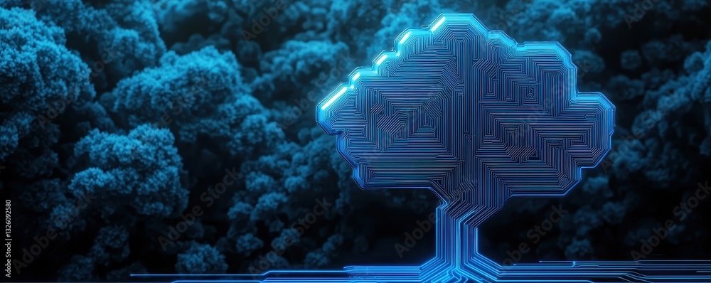Aufkleber a futuristic digital tree design illuminated in blue against a dark background, symbolizing technolo