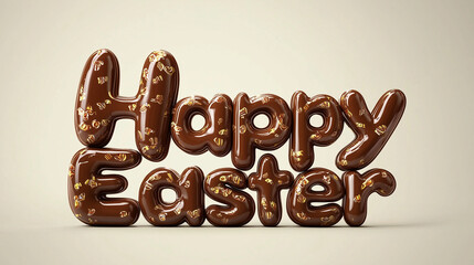 Delightful playful 3D typography spelling out "Happy Easter" with glossy chocolate letters. A delicious and festive holiday treat