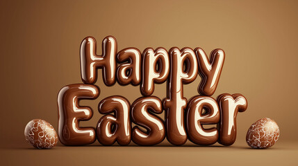 Delightful playful 3D typography spelling out "Happy Easter" with glossy chocolate letters. A delicious and festive holiday treat