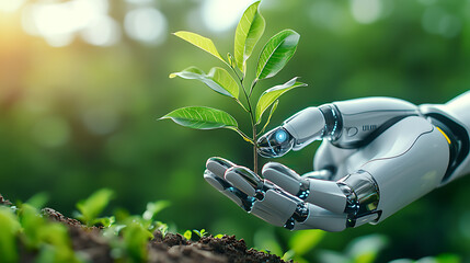Futuristic robot planting tree sapling lush green forest environmental action eco-friendly initiative close-up view sustainable future