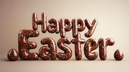 Delightful playful 3D typography spelling out "Happy Easter" with glossy chocolate letters. A delicious and festive holiday treat