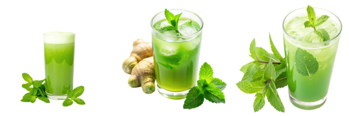 Refreshing green drinks garnished with mint, accompanied by fresh ginger and mint leaves.