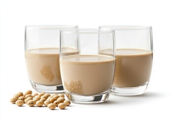 Glasses of creamy soy milk, soybeans scattered nearby, beige smooth liquid, transparent glassware, soft lighting, high-resolution product photography, clean white background, minimalist composition, h