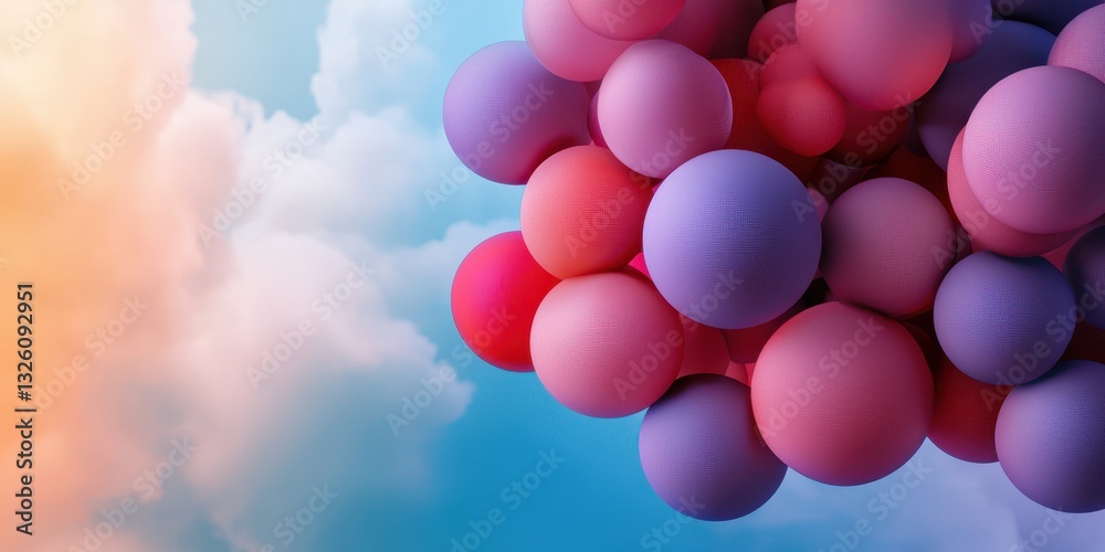 Poster a colorful cluster of spheres against a soft, pastel sky, creating a dreamy and whimsical atmosphere